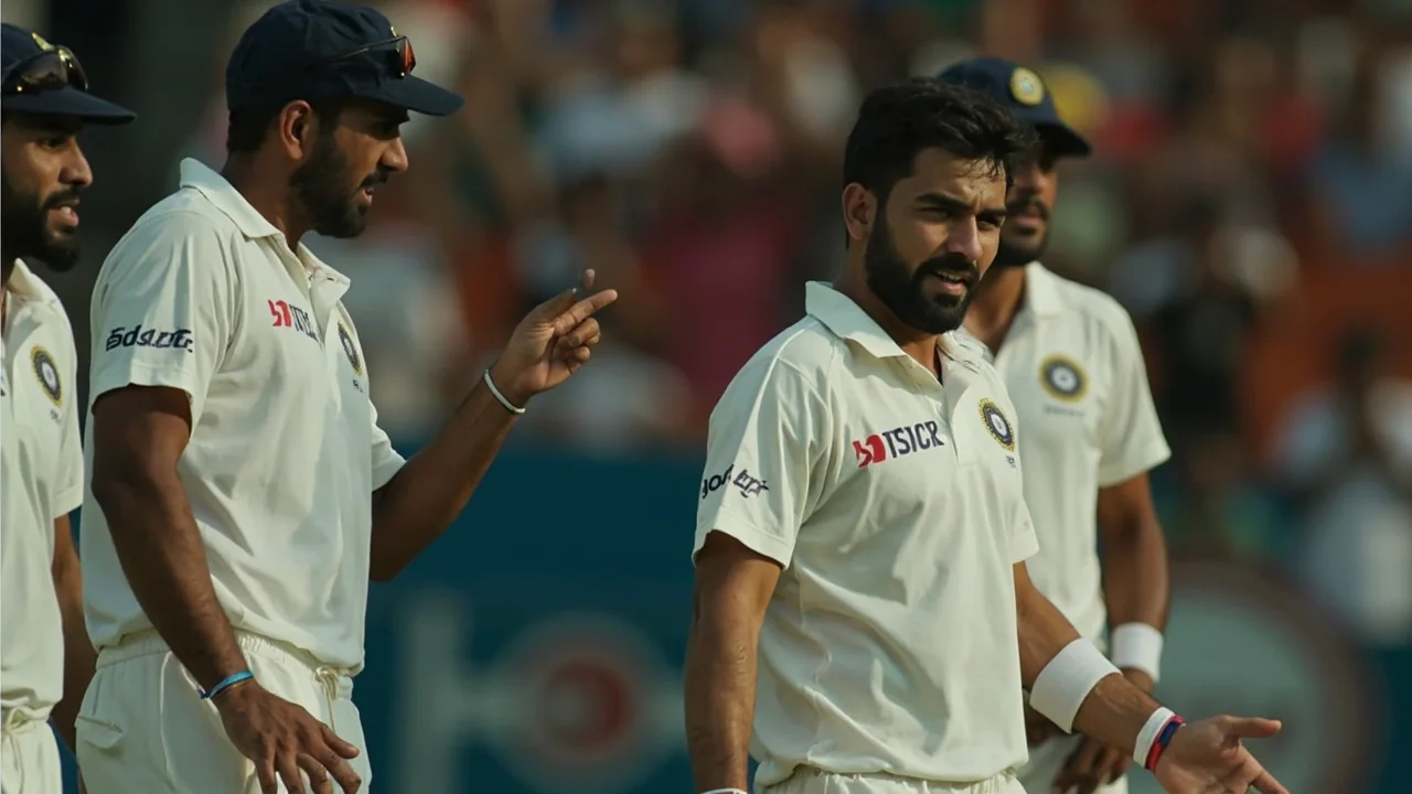Field-setting discussion between captain, coach and bowler during a Test match at Galle, with slip cordons and bat-pad positions visible