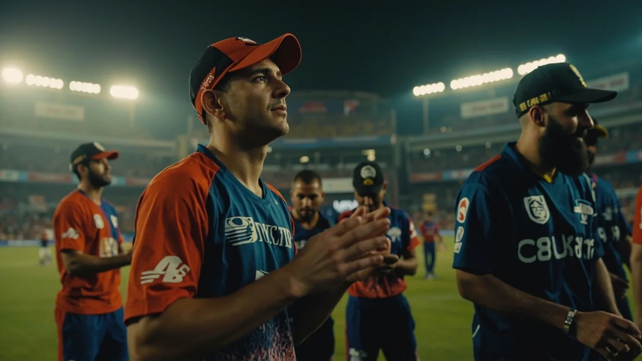 A fielding captain and a bowler discussing a plan during an APL innings, with the slip cordon and the inner ring set around the batter