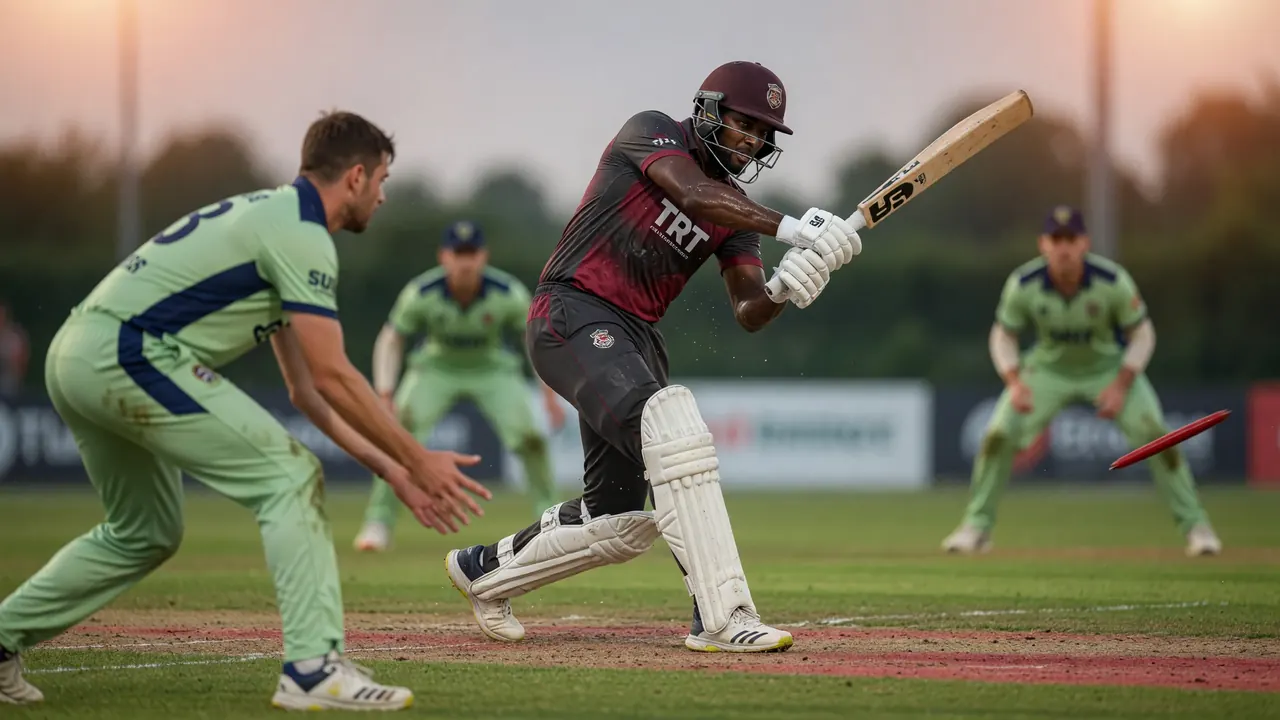 A batter in white kit driving through the off side during an evening white-ball innings, with the bowler following through in the foreground