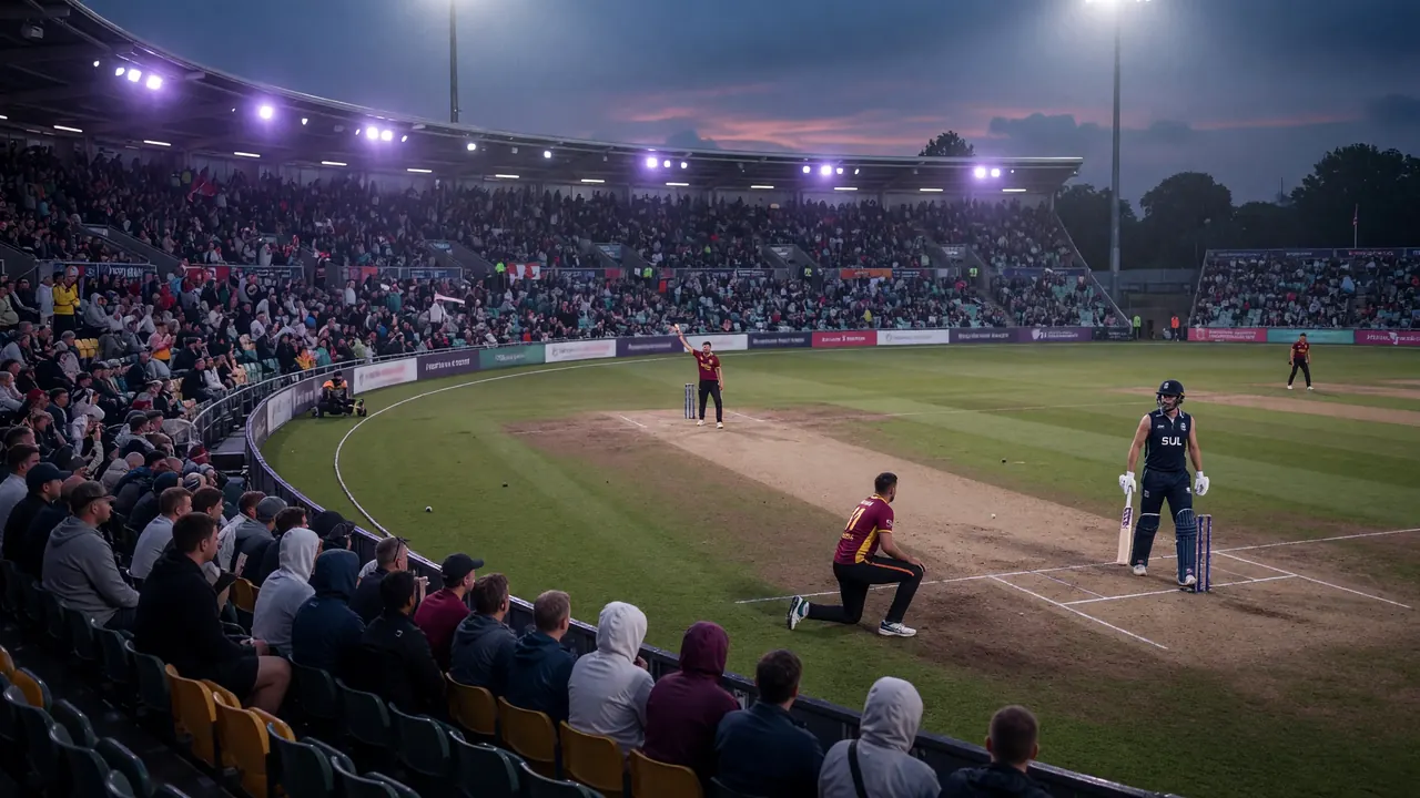 Wide evening view of a packed cricket ground with floodlights, green outfield and layered stands under an overcast sky